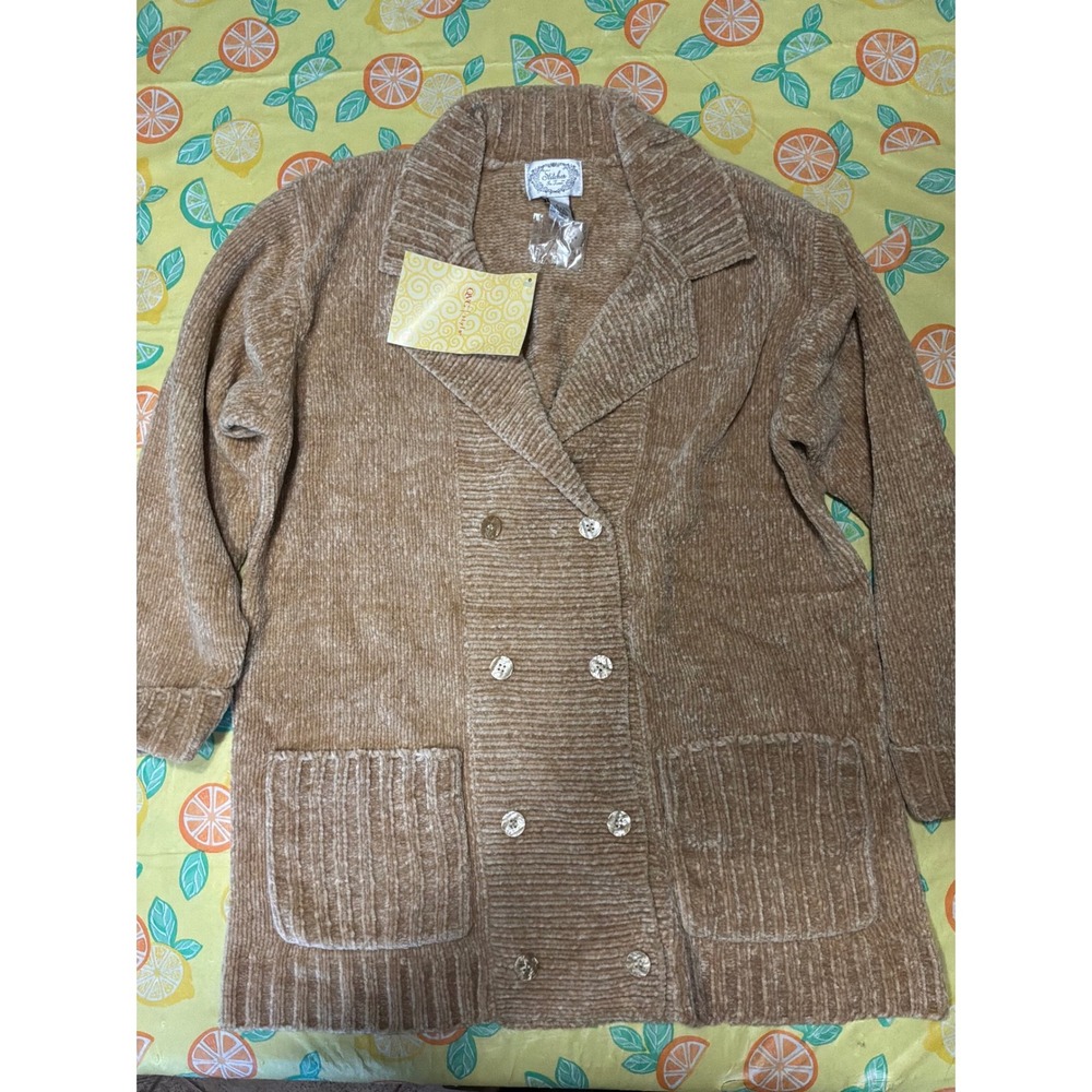Grandma‎ Core Womens Stitches In Time Chenille Cardigan Large Tan